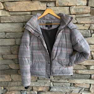 QED London Women's Black Red White Plaid Puffer Winter Coat Hooded Jacket